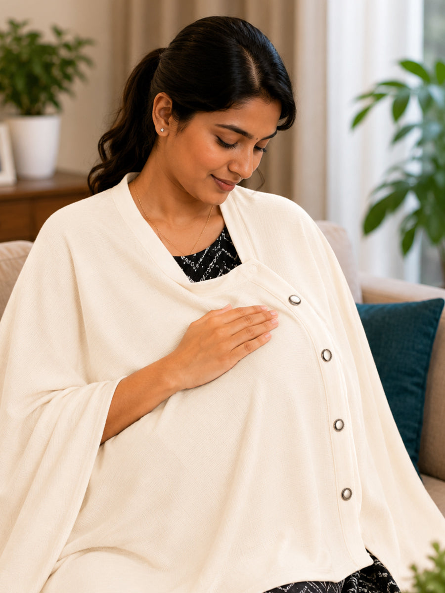 Ziva Multipurpose Nursing Cover – Premium Knitted Cotton Breastfeeding Cover with Press Buttons | Cream
