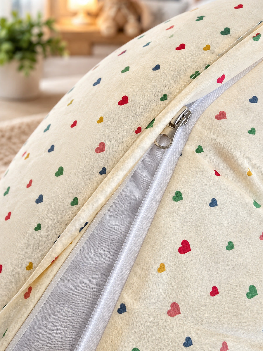 Ziva Multipurpose Feeding Pillow – Premium Organic Cotton | Soft Cream with Multicolour Tiny Heart Print | Removable & Washable Cover