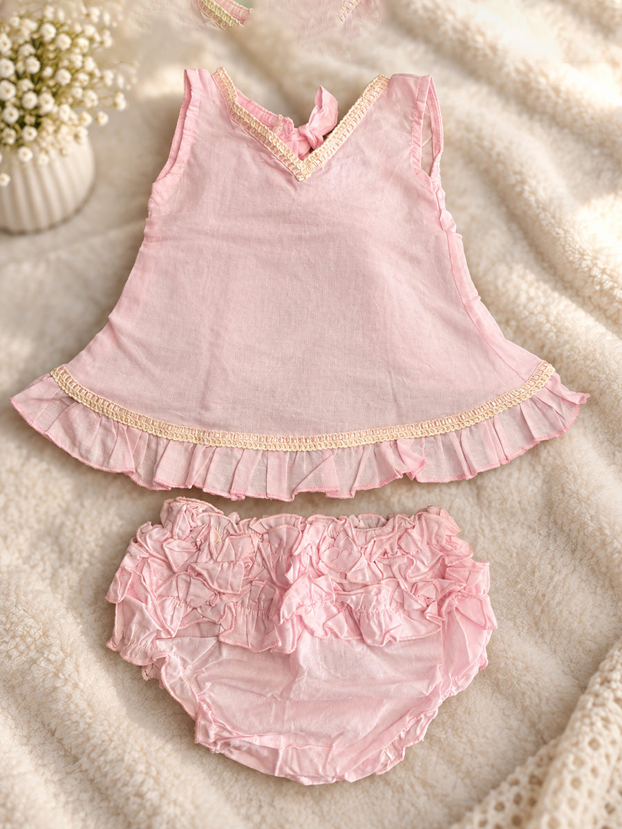 Ziva Baby Girl Cotton Ruffle Top & Bloomer Set – Soft Baby Pink | Cream Lace Detail | 1 Top + 1 Bloomer