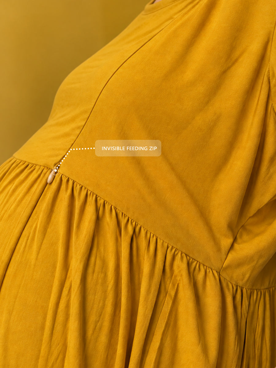 Ziva Maternity & Feeding Sleeveless Dress with Frill-Detail Floral Jacket | Dark Orange Yellow & Sky Blue Floral