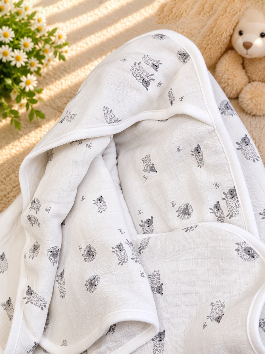 Ziva Premium Muslin Hooded Towel – Double Layer Muslin with Soft Fleece Core | Grey Hedgehog Print