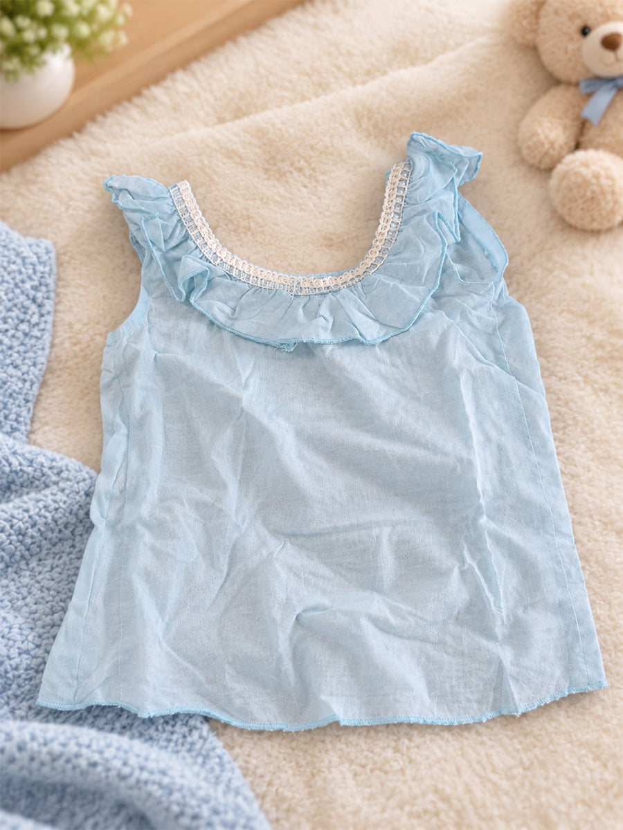 Ziva Baby Cotton Ruffle Neck Top & Bloomer Set – Baby Blue | Back Tie-Up | 1 Top + 1 Bloomer