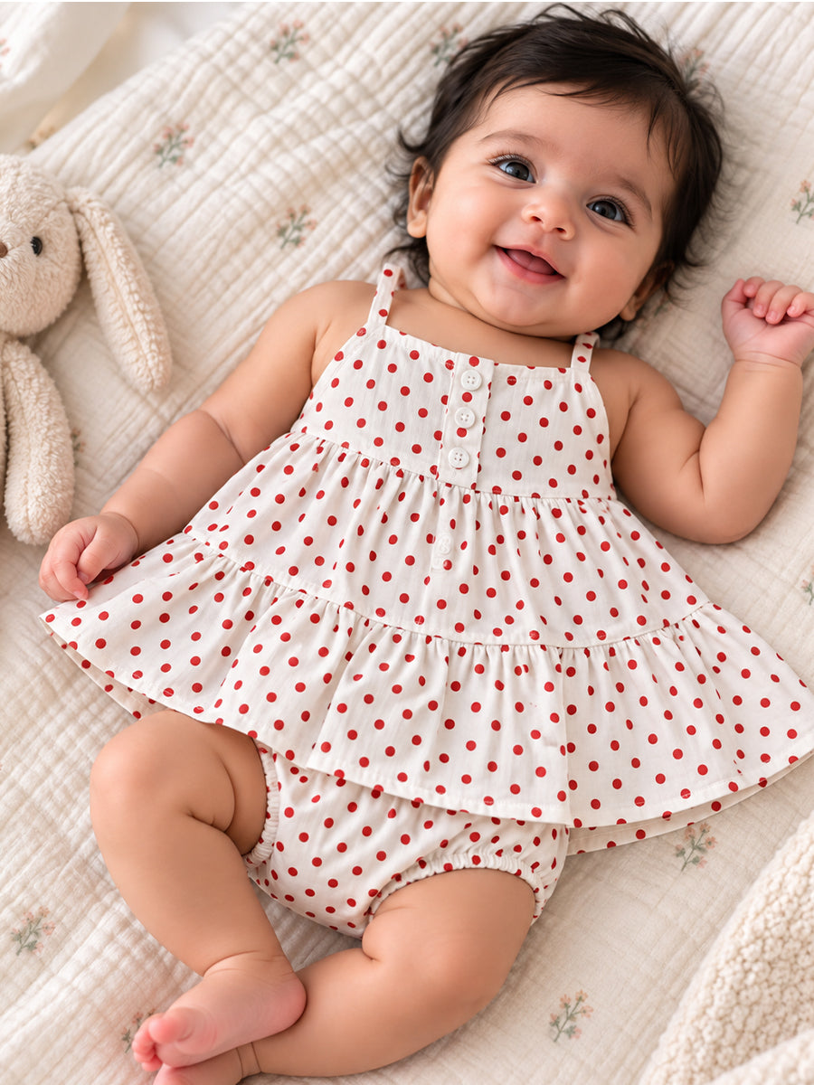 Ziva Baby Girl Strappy Frock with Pantie – White Red Polka Dot Print | Premium Knitted Cotton | Tiered Frill & Front Buttons | 2-Piece Set
