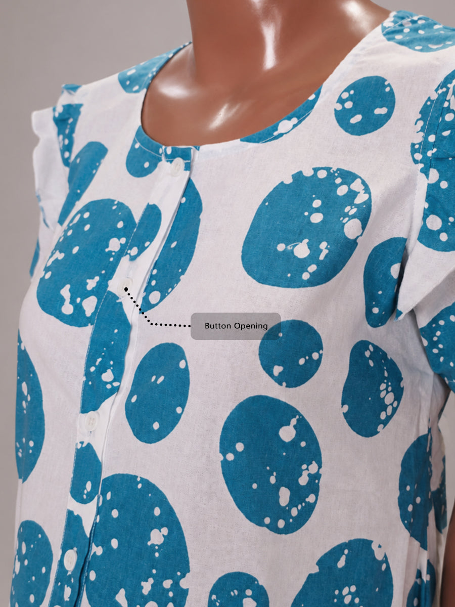 Ziva Maternity & Feeding Cotton Full-Open Short Nighty with Side Pocket – Blue & Off White Irregular Spot Print