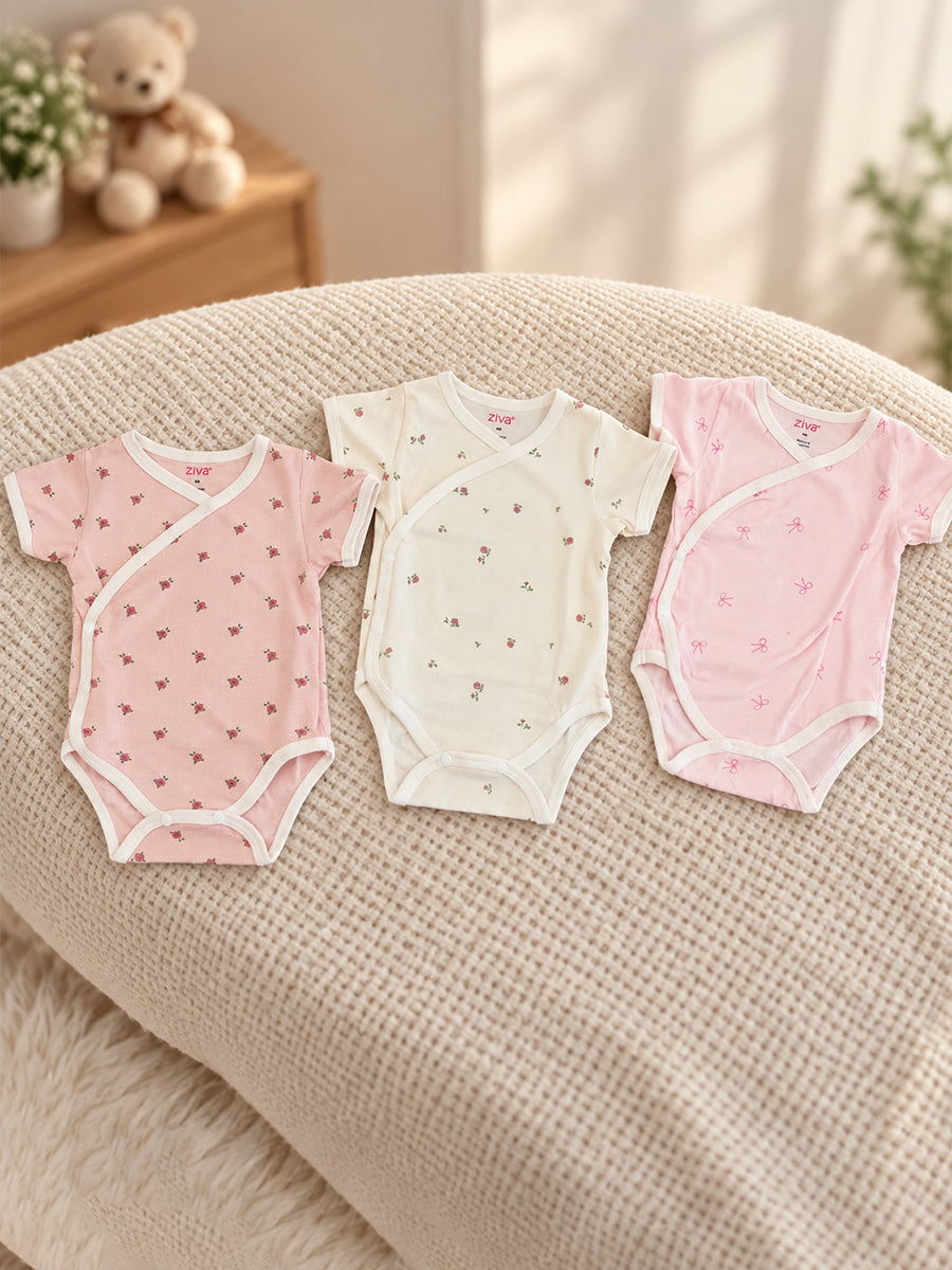 Ziva Baby Premium Knitted Cotton Overlap Romper – Pack of 3 | Ivory Mini Rose, Blush Pink Rose Dot & Baby Pink Bow Assorted Prints