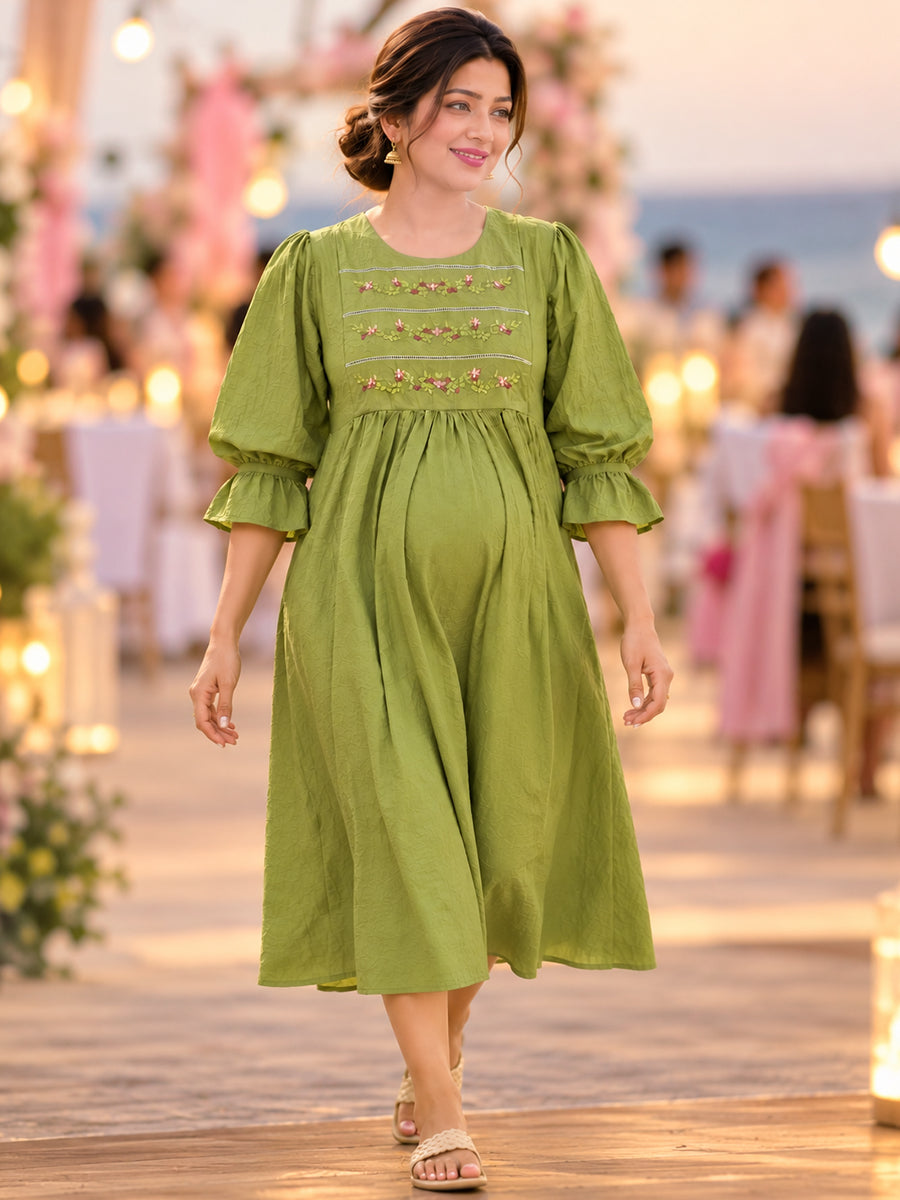 Ziva Premium Crinkle Viscose Maternity & Feeding Occasion Dress with Hand-Embroidered Yoke & Adjustable Puff Sleeves | Olive Green