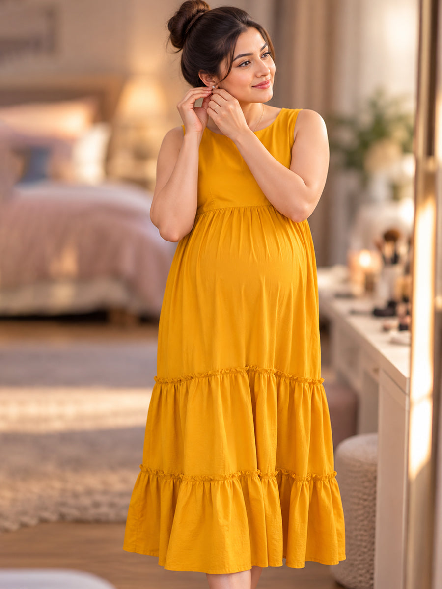 Ziva Maternity & Feeding Sleeveless Dress with Frill-Detail Floral Jacket | Dark Orange Yellow & Pink Multicolour Floral