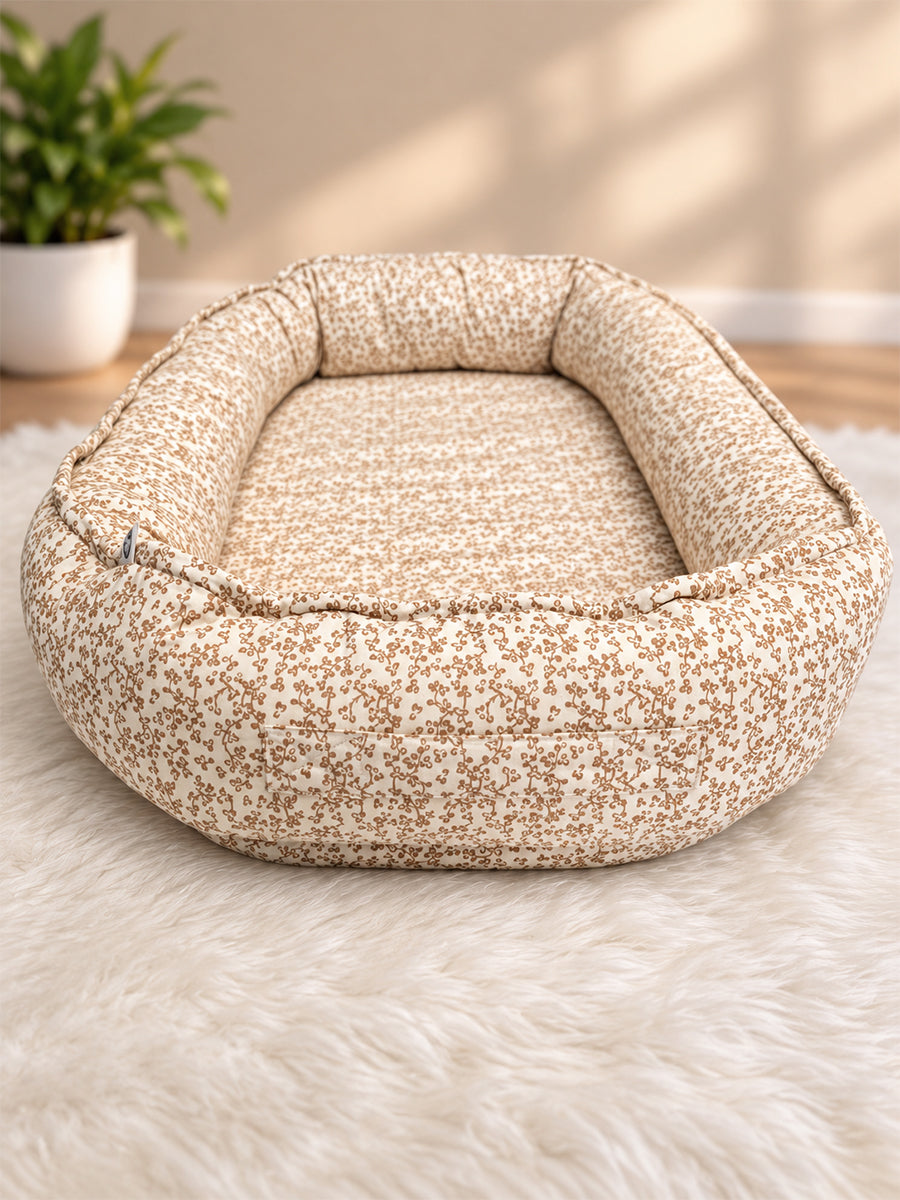Premium Organic Cotton Baby Nest – Newborn Baby Lounger & Baby Bed | Beige Floral Vine Print. | Ziva Collected | Carefully Selected for Your Little One