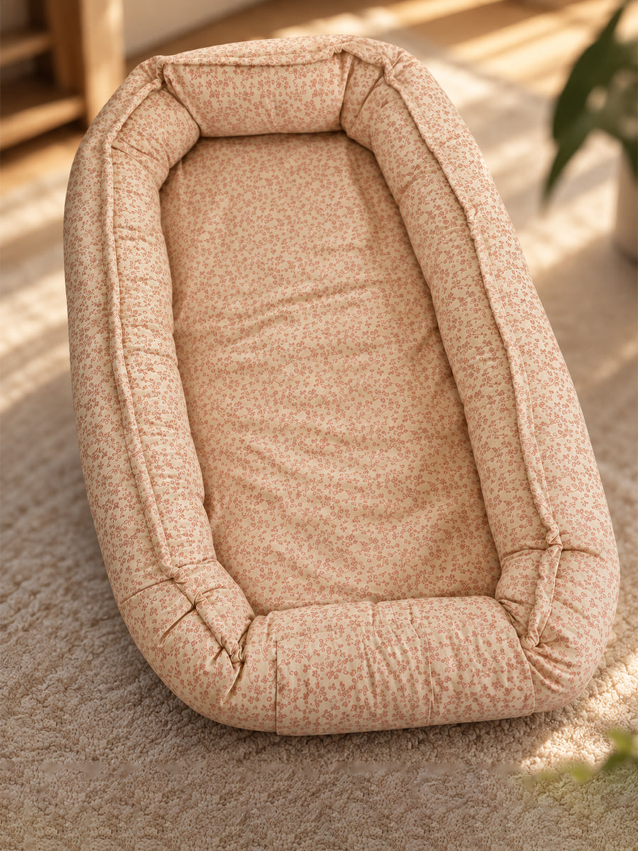 Premium Organic Cotton Baby Nest – Newborn Baby Lounger & Baby Bed | Peach Floral Vine Print |Ziva Collected | Carefully Selected for Your Little One
