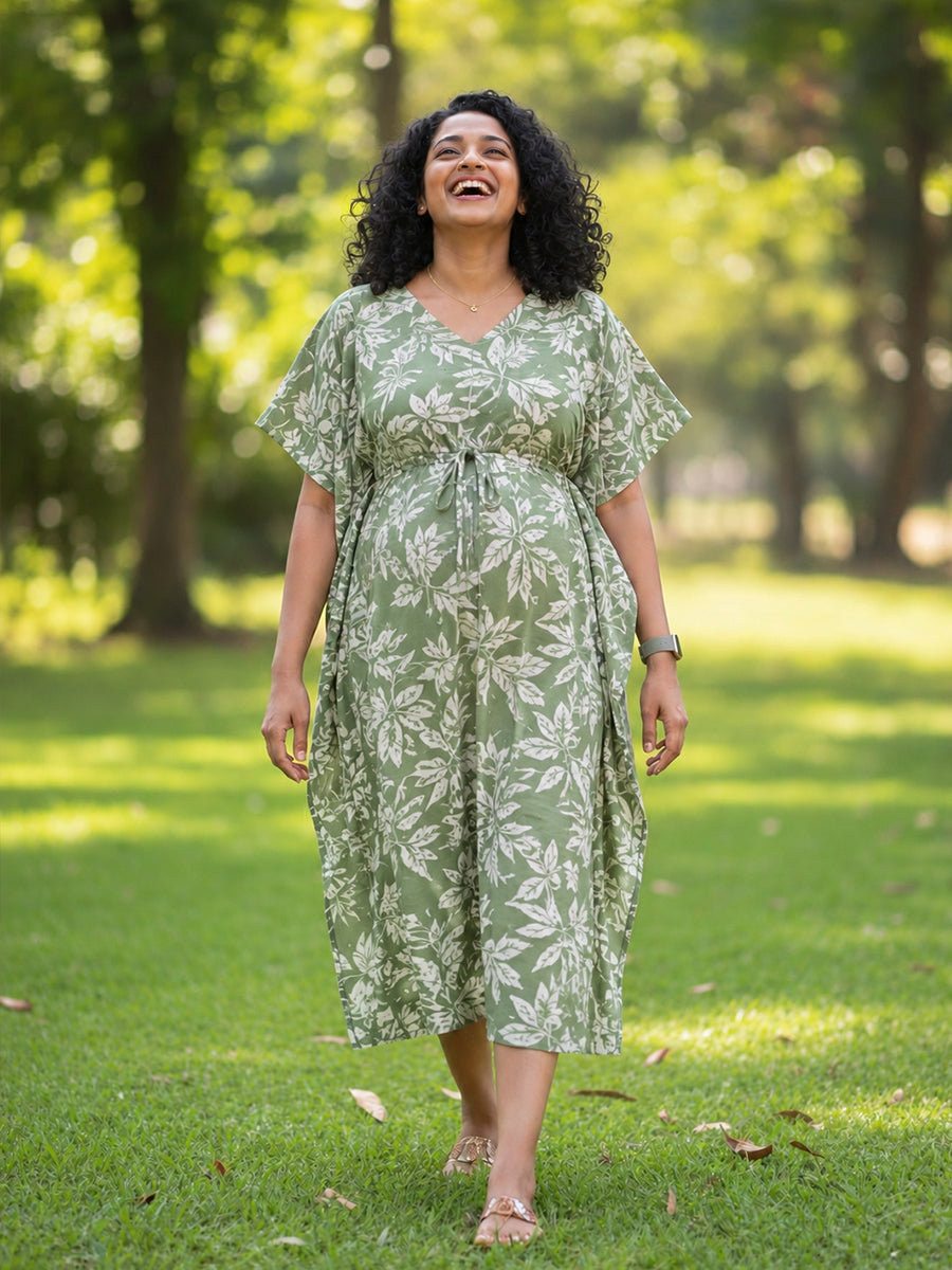 Ziva Maternity & Feeding Cotton Rayon Blend Kaftan – Concealed Feeding Zips & Waist Adjustable Tie | Sage Green Botanical Leaf Print