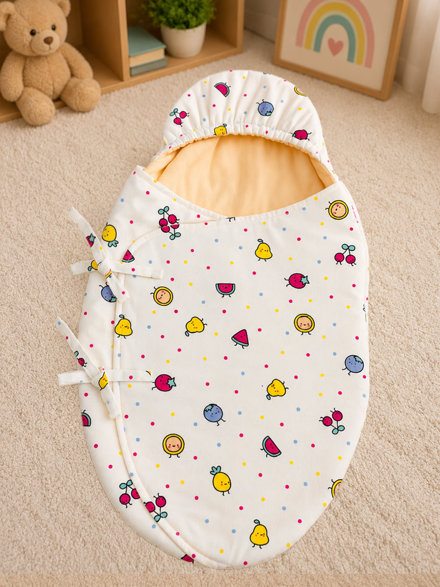 Ziva Cotton Baby Egg Wrap with Hood | Adjustable Side Tie | Double Shade | Soft Cream with Butter Cream | Hooded Baby Wrapper