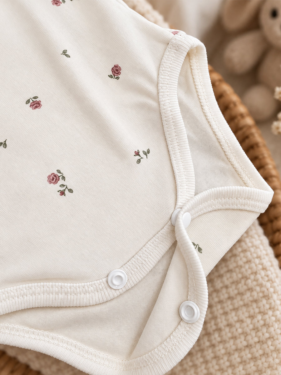 Ziva Baby Premium Knitted Cotton Overlap Romper – Pack of 3 | Ivory Mini Rose, Blush Pink Rose Dot & Baby Pink Bow Assorted Prints