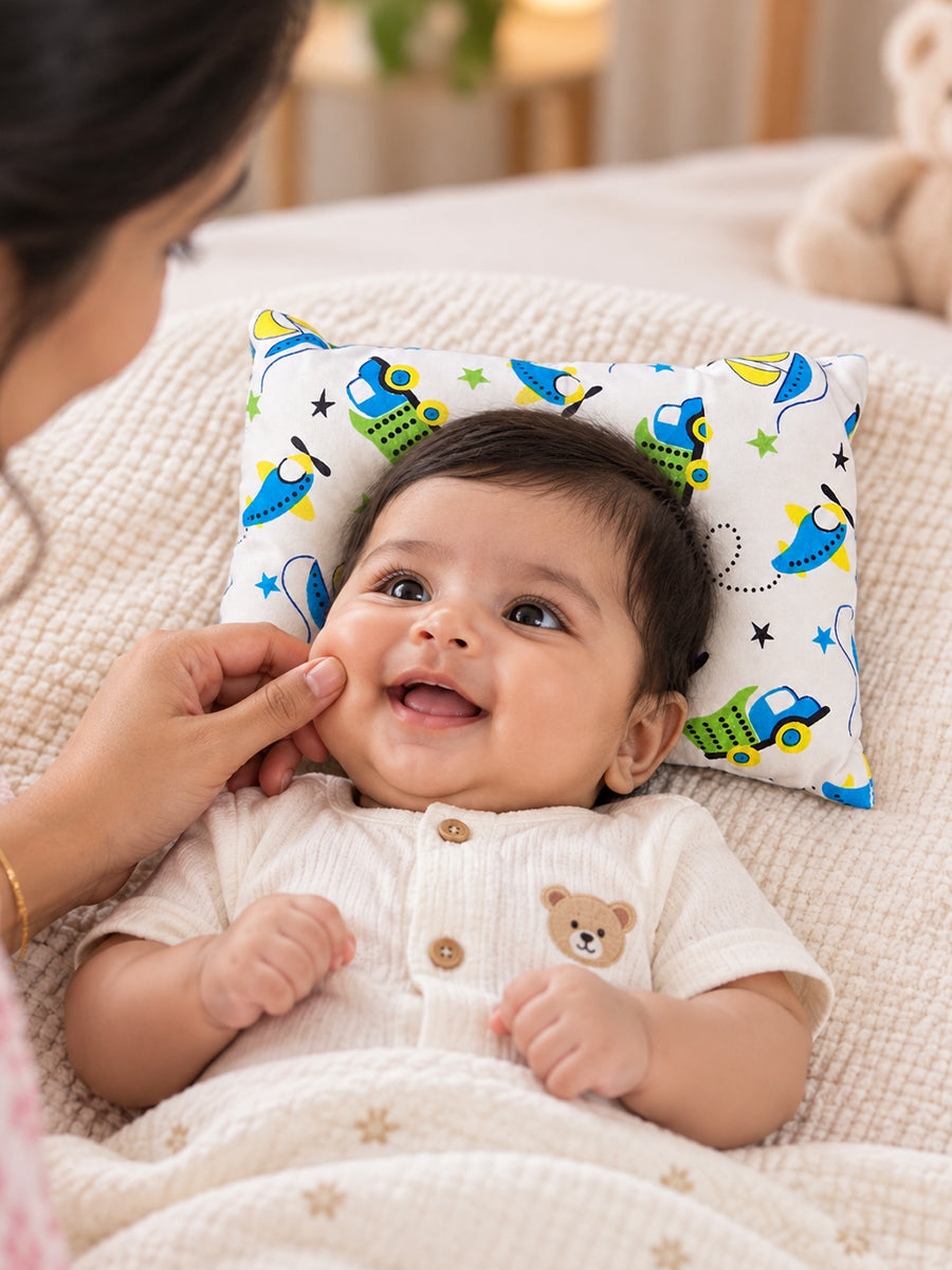 Ziva Baby Pillow with Cotton Cloth Cover – Multicolour Transport Print | Lightweight Soft-Filled Inner Cushion