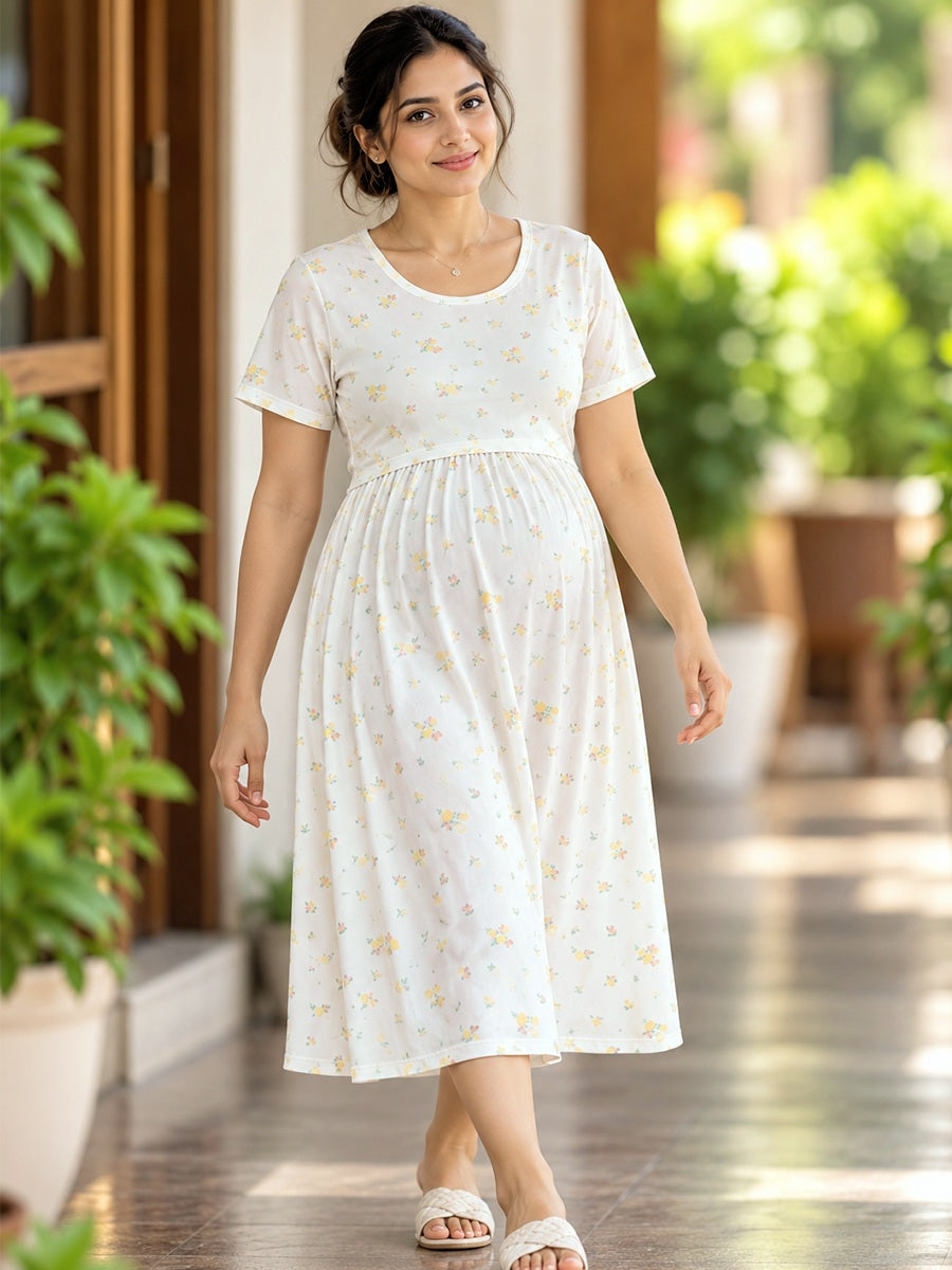 Ziva Zipless Maternity & Feeding Knitted Dress with Adjustable Waist Tie & Side Pocket | Soft Off-White Lemon Yellow Tiny Floral Print