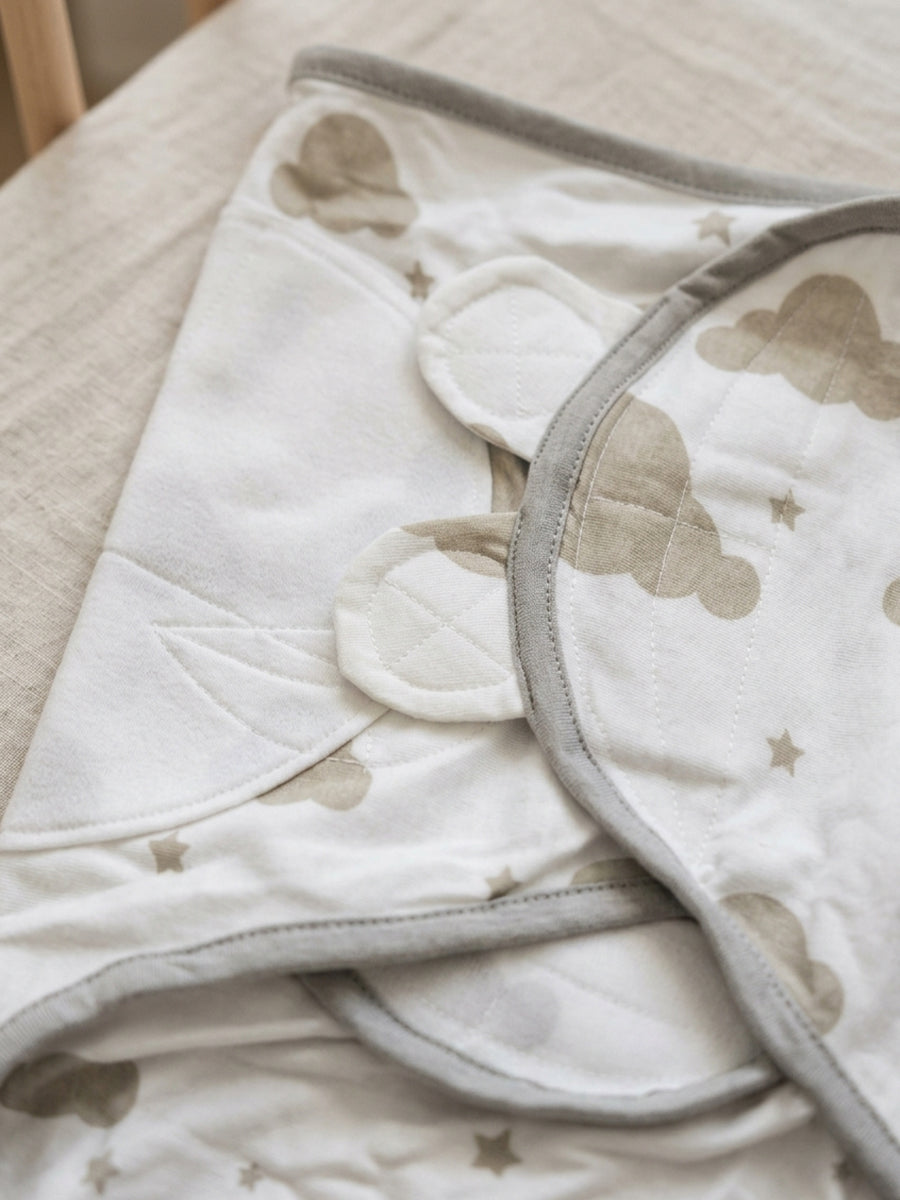 Baby Knitted Cotton Velcro Swaddle – White with Beige Cloud & Star Print | Adjustable Velcro Closure | Ziva Collected | Carefully Selected for Your Little One