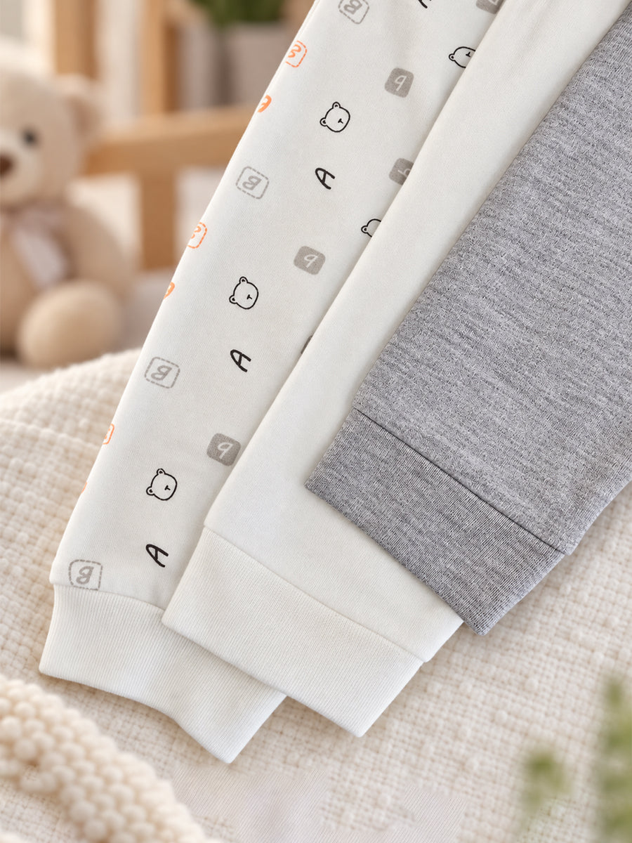 Baby Knitted Cotton Pants Combo – Pack of 3 | Assorted Teddy & Mini Print | 3–6 Months | Ziva Collected | Carefully Selected for Your Little One