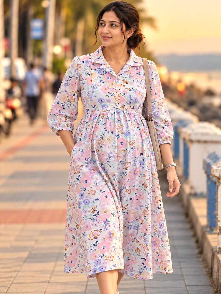 Ziva Premium Cotton Twill Maternity & Feeding Dress with Collared Neck, Concealed Zips & Side Pocket | Soft Cream White Multicolour Floral