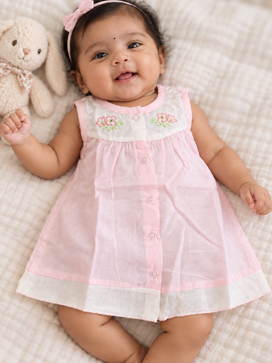 Baby Cotton Front Open Frock – Baby Pink & White | Floral Embroidered Yoke | Ziva Collected | Carefully Selected for Your Little One