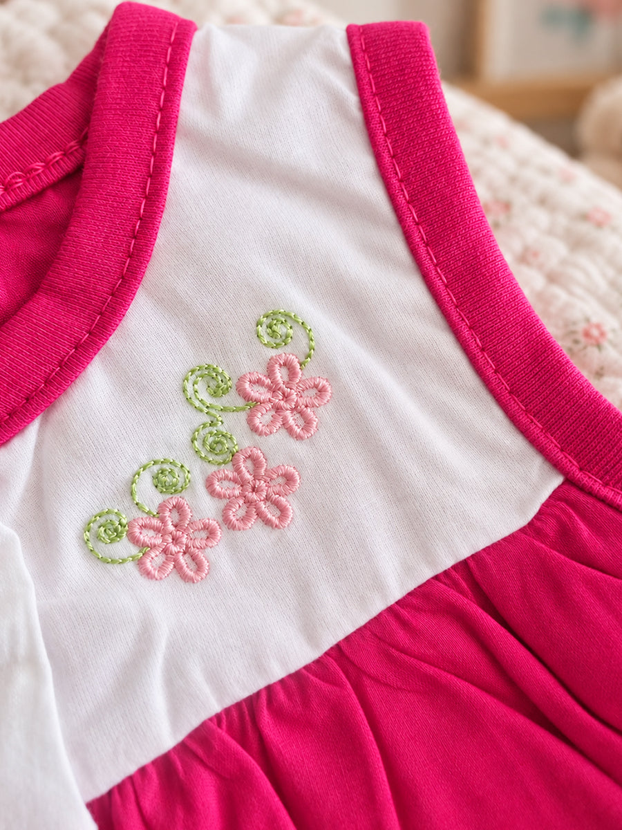 Baby Cotton Front Open Frock – Rani Pink & White | Floral Embroidered Yoke | Ziva Collected | Carefully Selected for Your Little One
