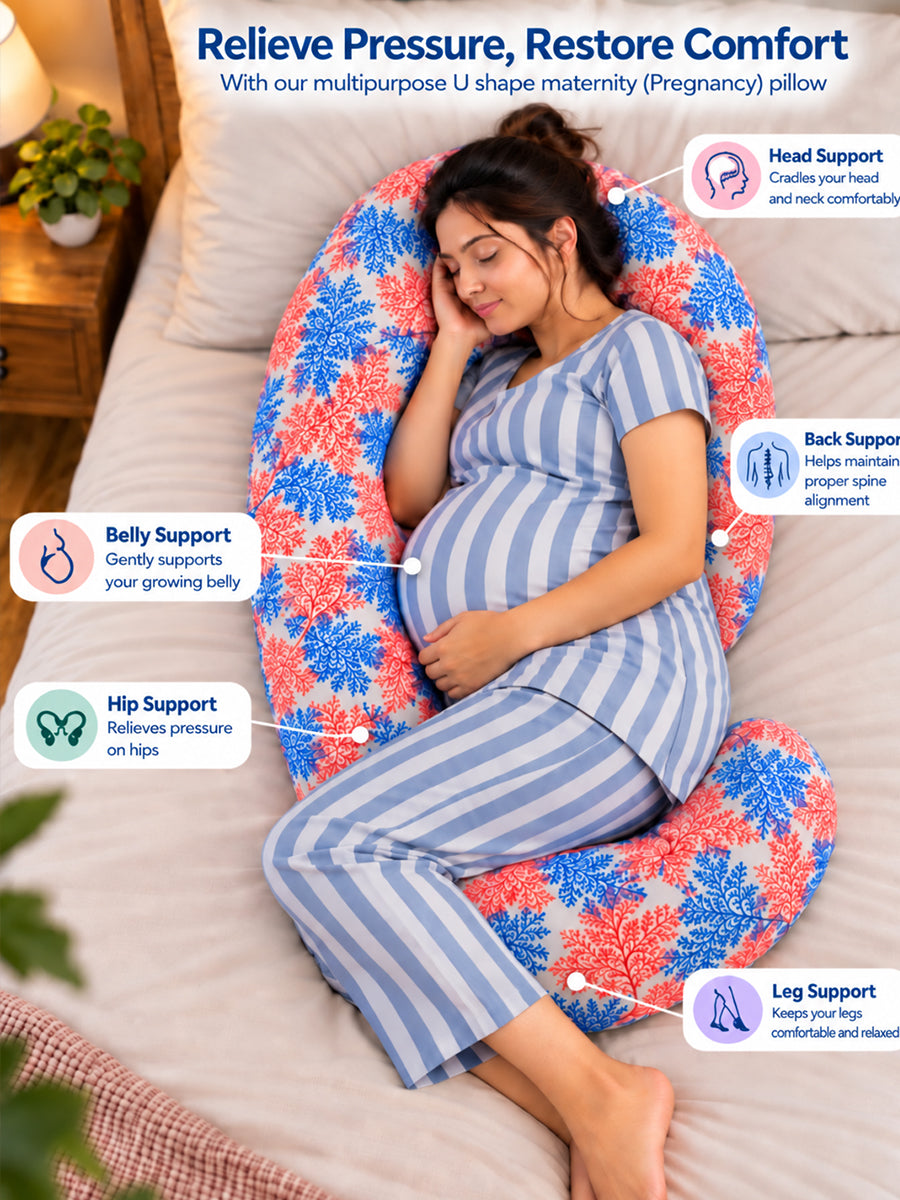 Ziva Multipurpose Pregnancy Pillow / Maternity Pillow / Body Pillow – 9 Shape (C Shape) – Red & Blue Botanical Print | 100% Cotton