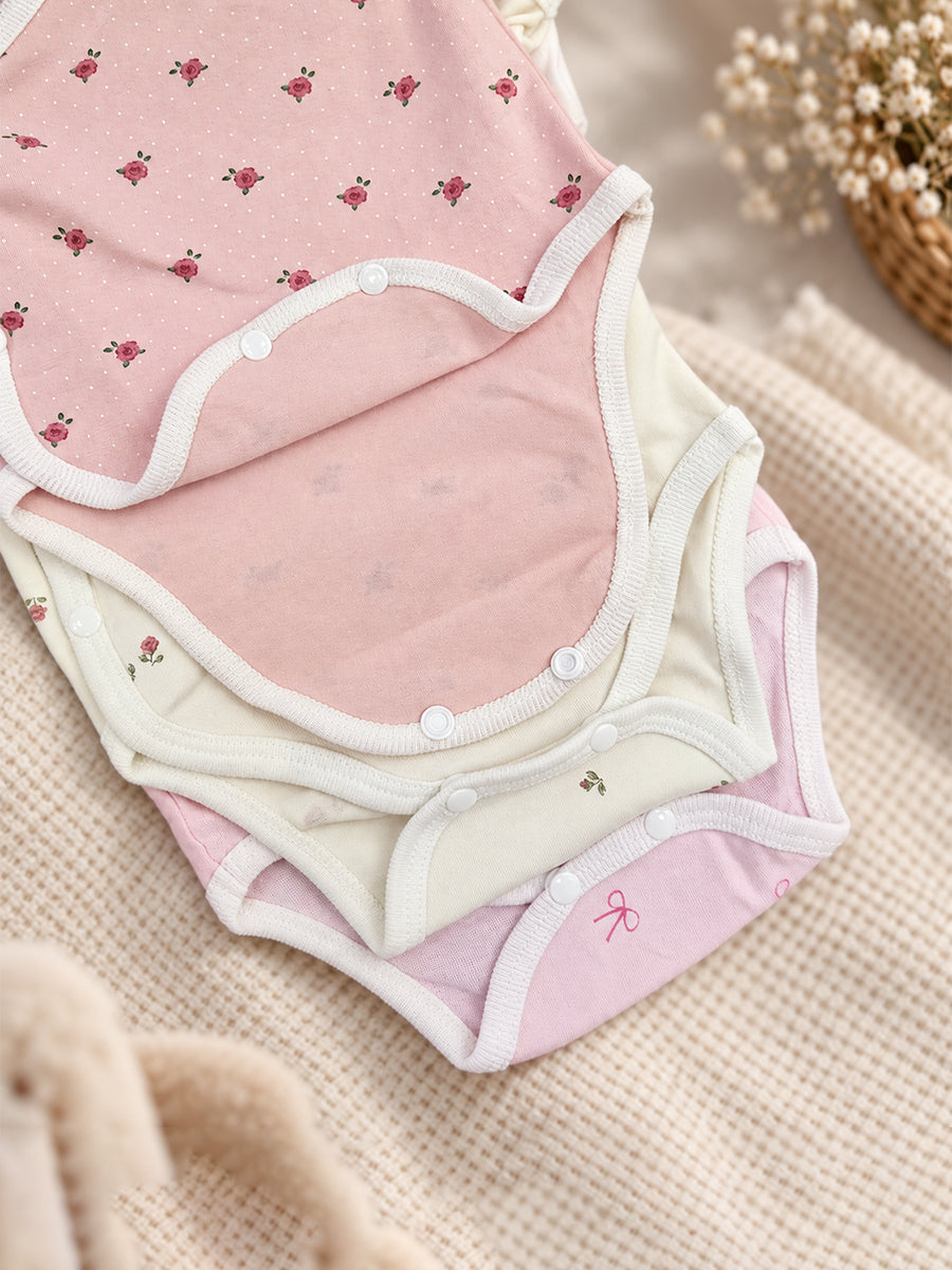 Ziva Baby Premium Knitted Cotton Overlap Romper – Pack of 3 | Ivory Mini Rose, Blush Pink Rose Dot & Baby Pink Bow Assorted Prints