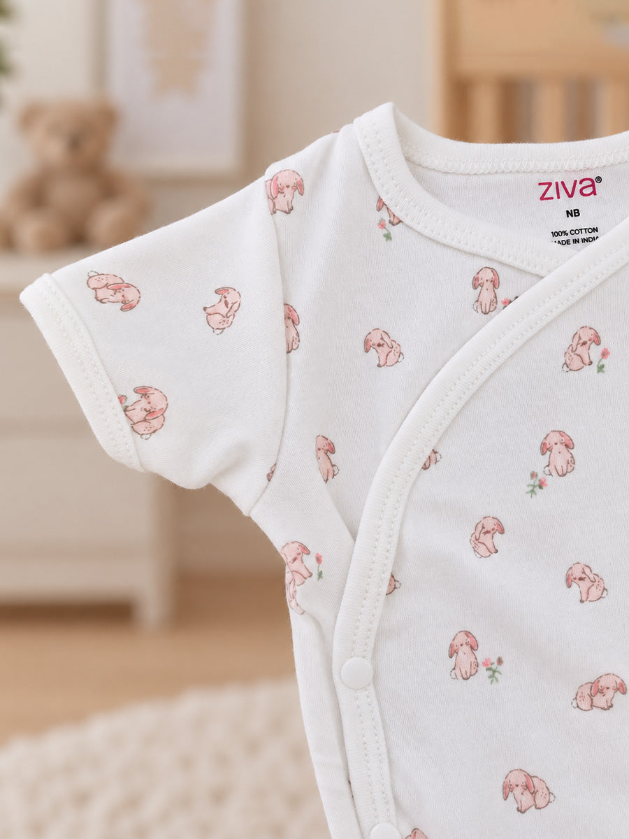 Ziva Baby Premium Knitted Cotton Overlap Romper – Pack of 3 | Blush Pink Tiny Floral, Dusty Rose Mini Dot & White Peach Bunny Assorted Prints.