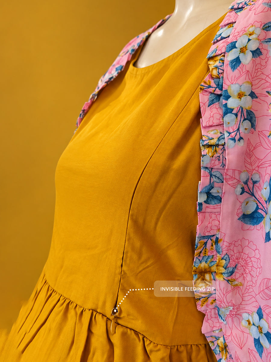 Ziva Maternity & Feeding Sleeveless Dress with Frill-Detail Floral Jacket | Dark Orange Yellow & Pink Multicolour Floral