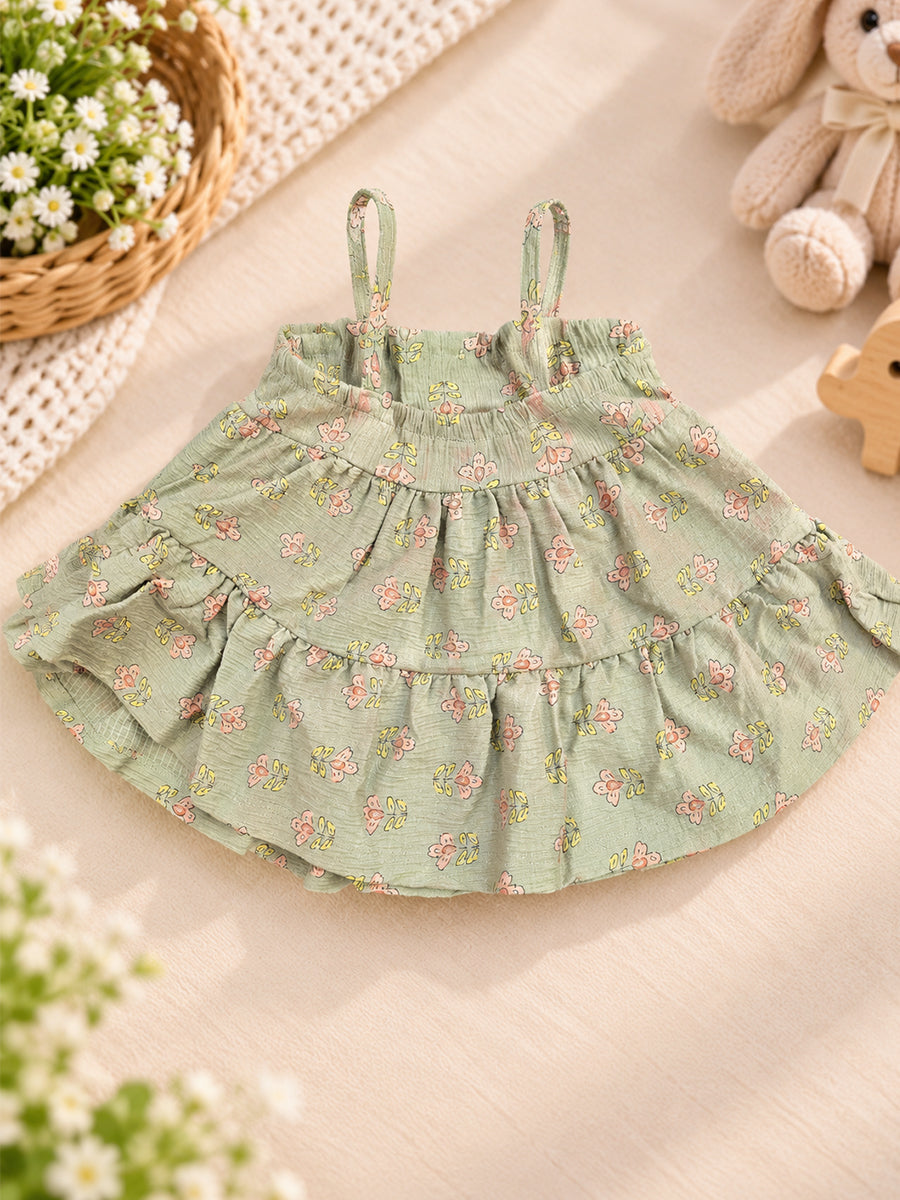 Ziva Baby Girl Strappy Frock with Pantie – Sage Green Floral Print | Premium Knitted Cotton | Layered Frill & Front Buttons | 2-Piece Set