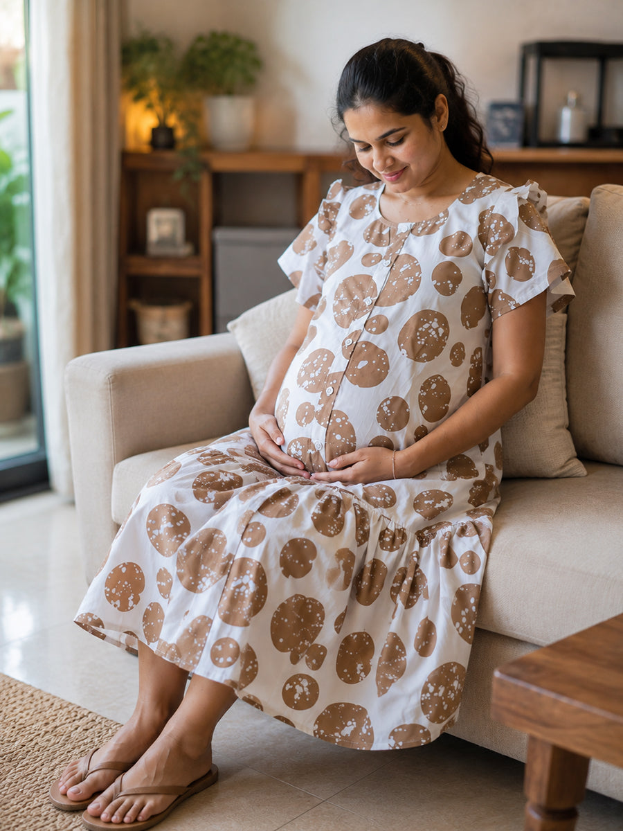 Ziva Maternity & Feeding Cotton Full-Open Short Nighty with Side Pocket – Coffee Brown & Off White Irregular Spot Print