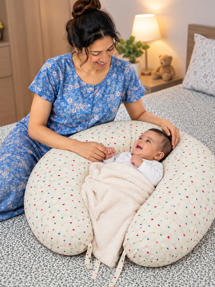 Ziva Multipurpose Feeding Pillow – Premium Organic Cotton | Soft Cream with Multicolour Tiny Heart Print | Removable & Washable Cover