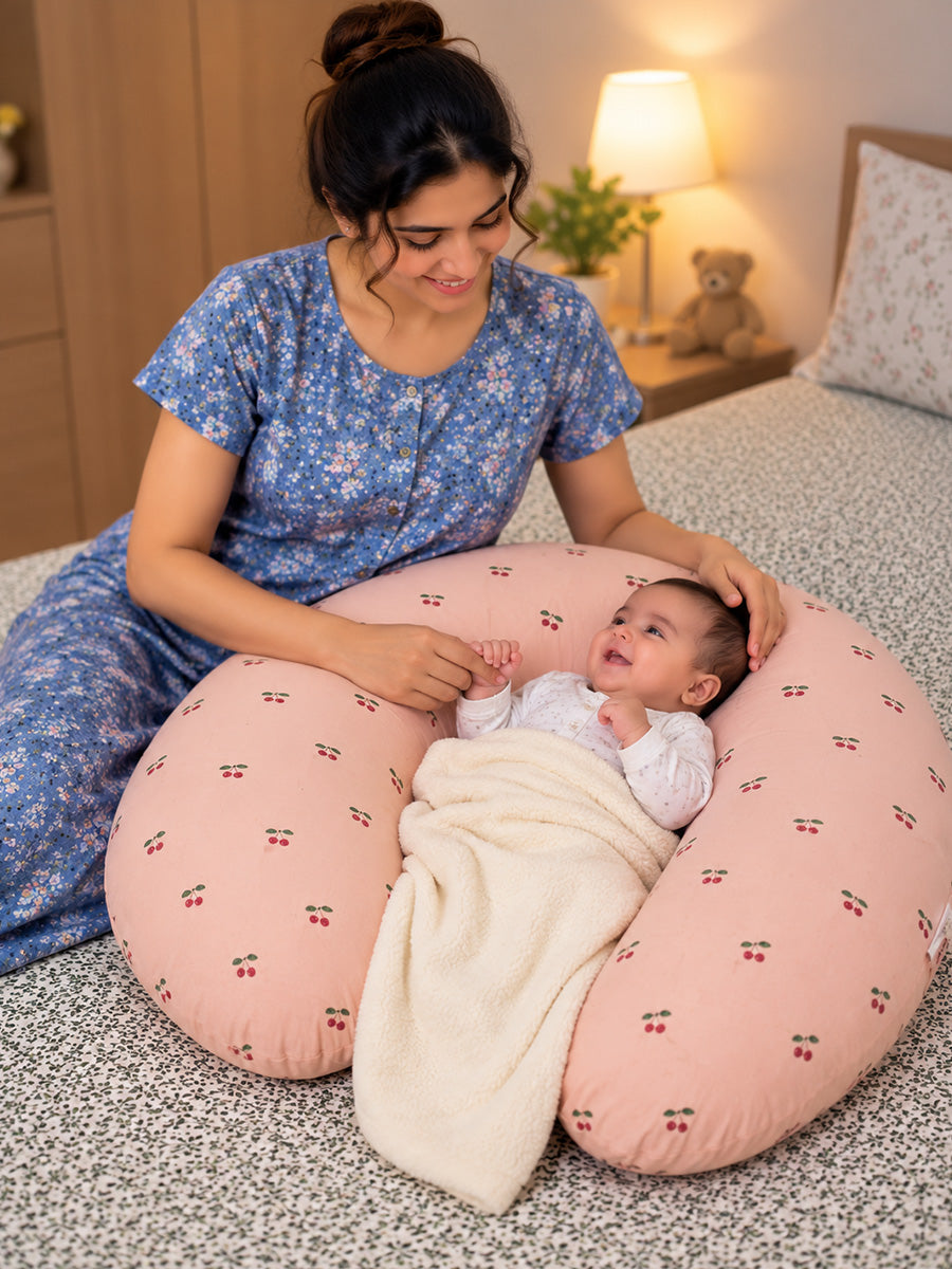 Ziva Multipurpose Feeding Pillow – Premium Organic Cotton | Light Brown with Tiny Cherry Print | Removable & Washable Cover