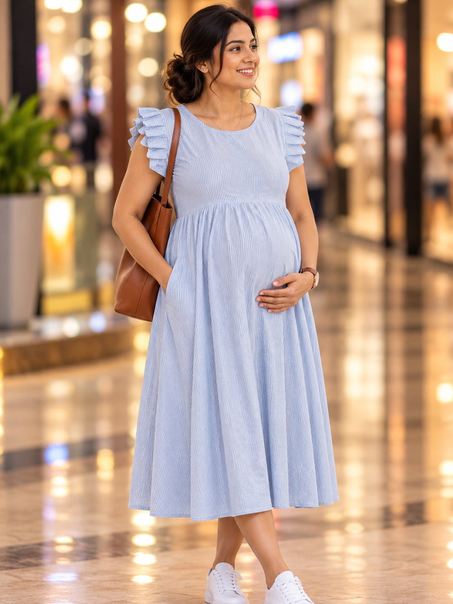 Ziva Cotton Maternity & Nursing Dress – Light Powder Blue & White Striped | Concealed Feeding Zips & Layered Pleated Sleeves