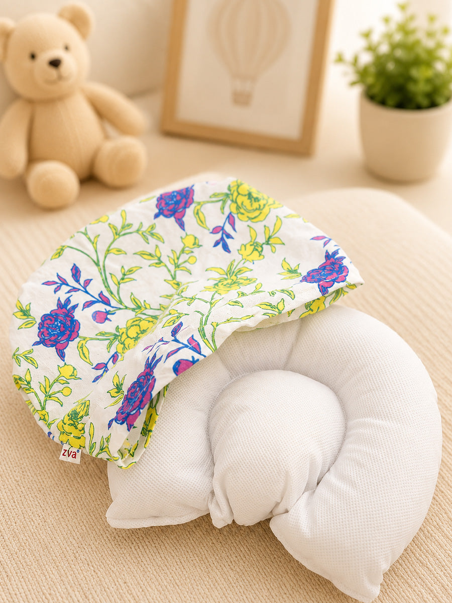Ziva Baby Head Support Pillow | Soft Cotton Cover | Lightweight Ergonomic Design | Floral Print