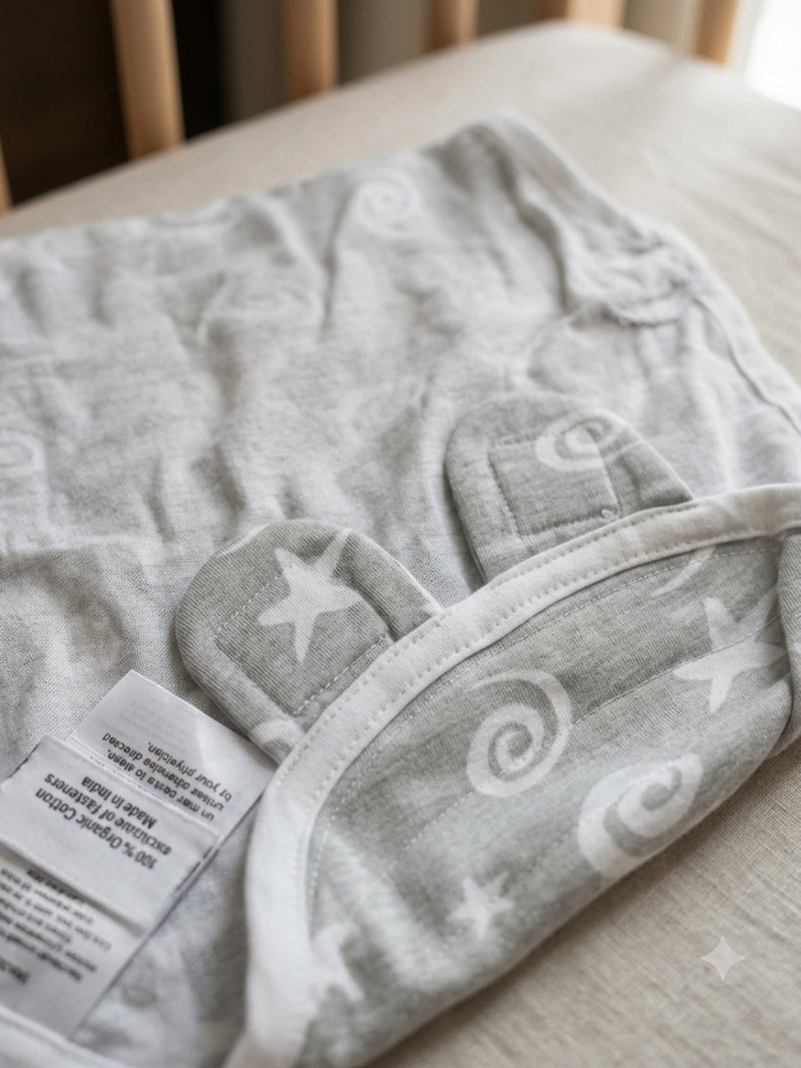 Baby Knitted Cotton Velcro Swaddle – Grey with White Star & Swirl Print | Adjustable Velcro Closure | Ziva Collected | Carefully Selected for Your Little One