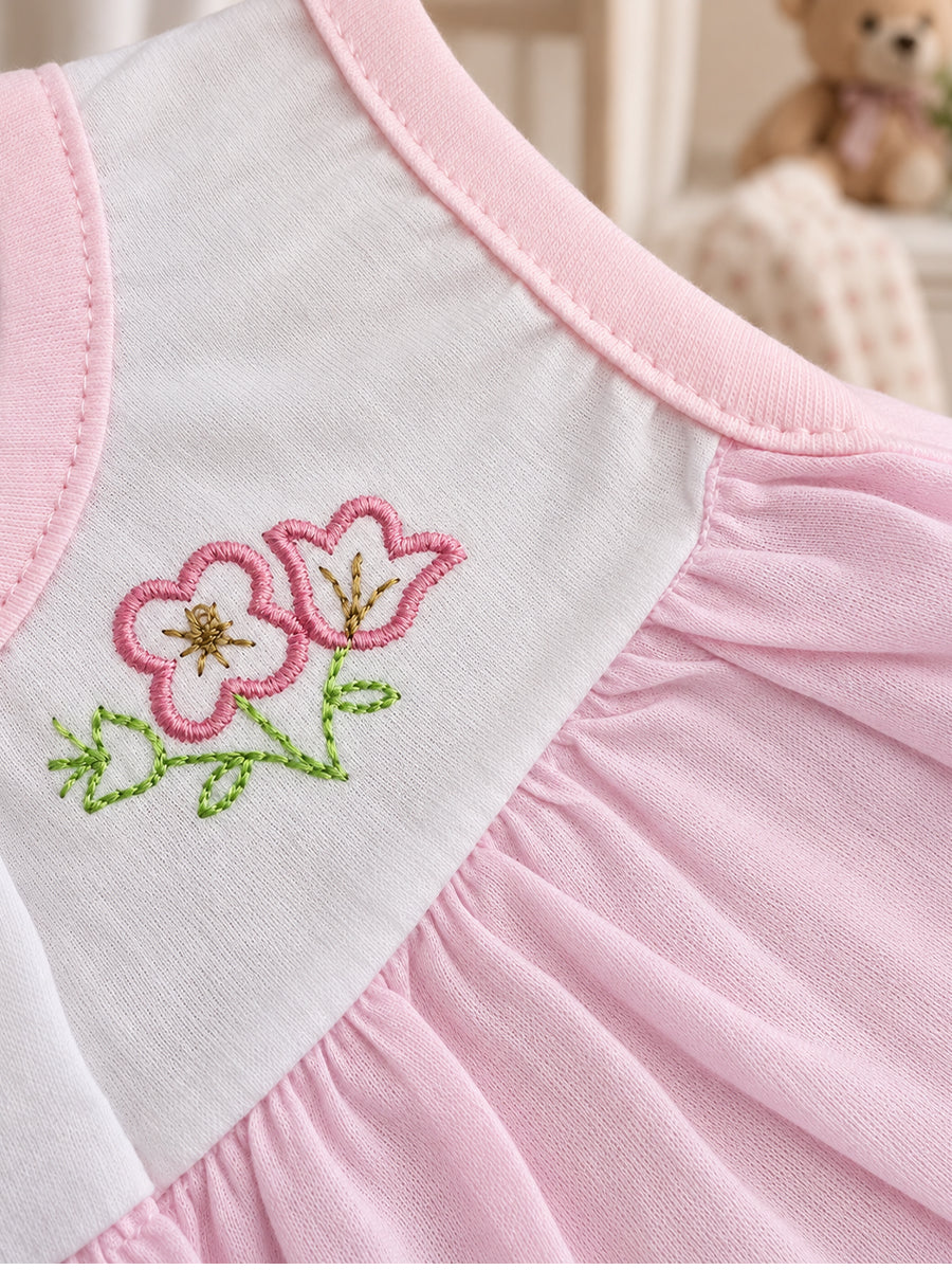 Baby Cotton Front Open Frock – Baby Pink & White | Floral Embroidered Yoke | Ziva Collected | Carefully Selected for Your Little One