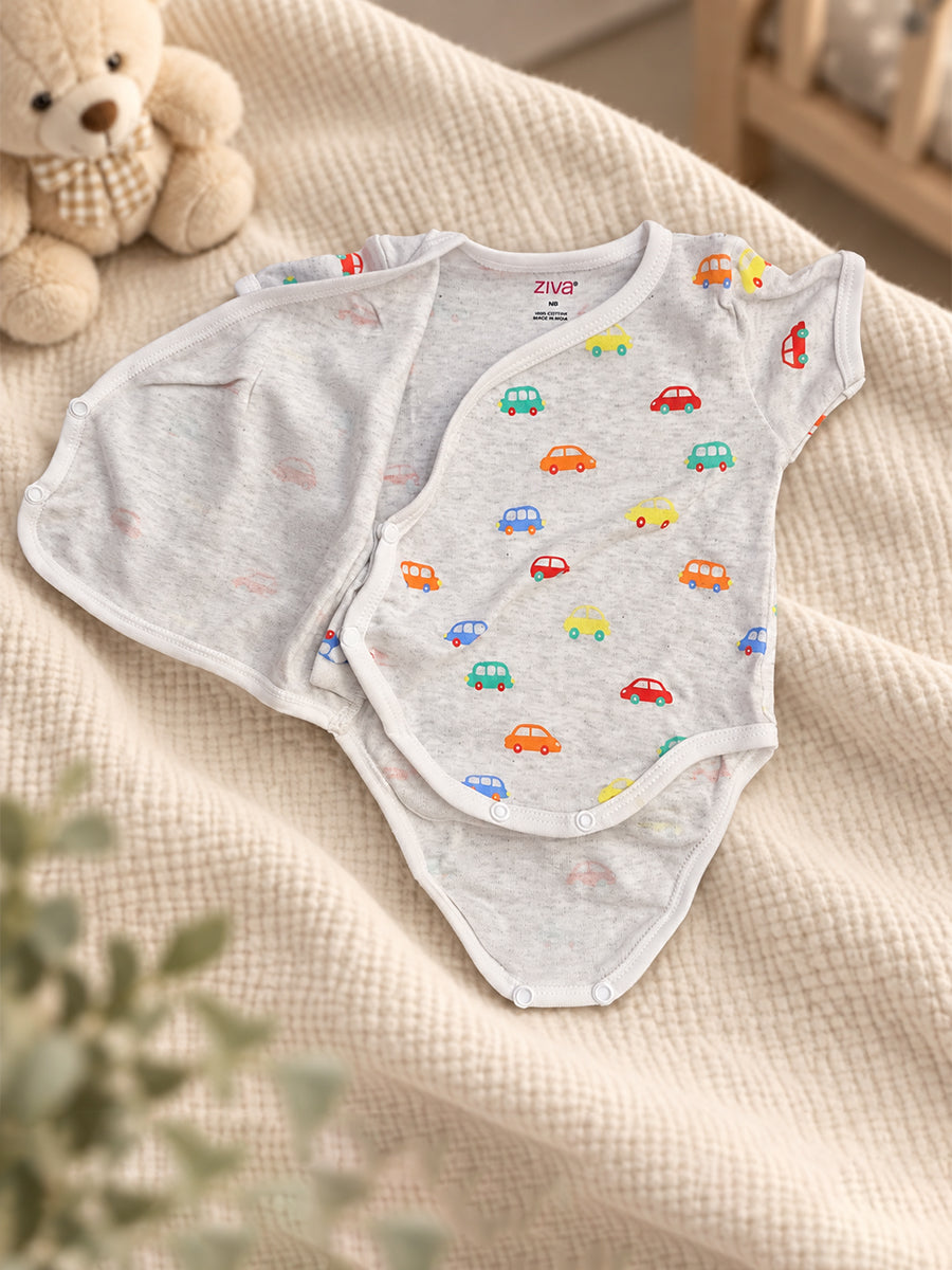 Ziva Baby Premium Knitted Cotton Overlap Romper – Pack of 3 | Grey Multicolour Car, Baby Blue Tiny Star & White Teddy Bear Assorted Prints | Newborn
