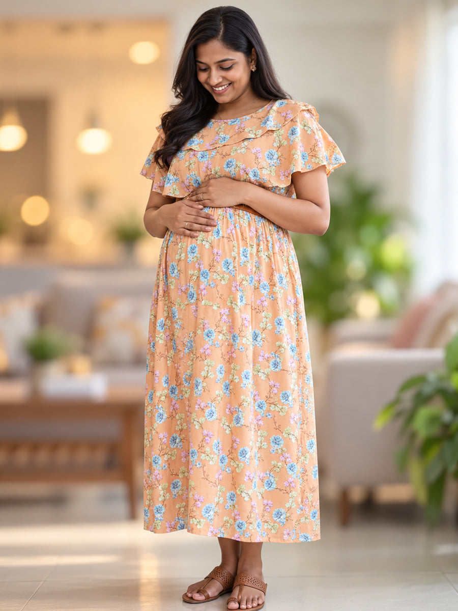 Ziva Light Orange Floral Ruffle Overlay Maternity & Feeding Dress with Concealed Dual Zips, Belt & Pockets