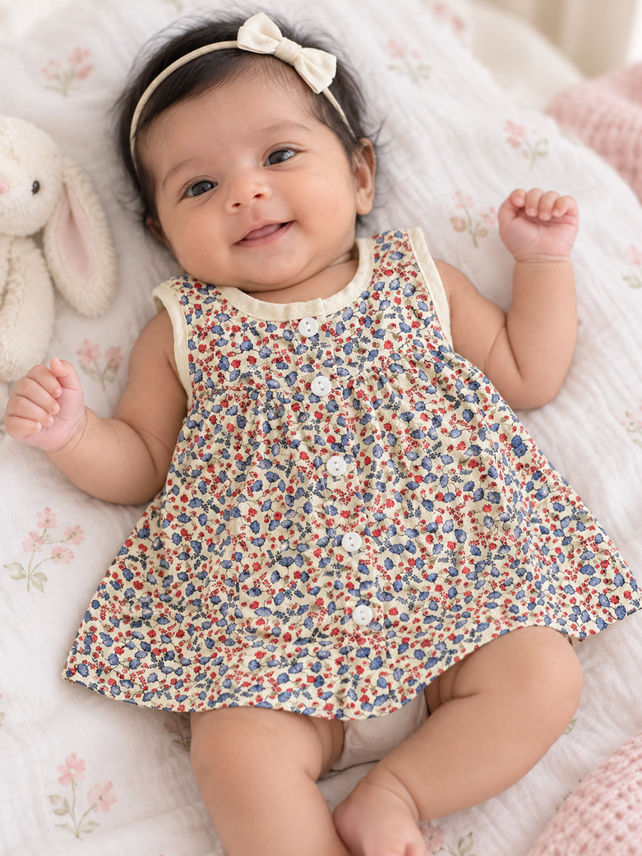 Ziva Muslin Baby Girl Front Button Frock – Pack of 3 | Premium Muslin Cotton | Assorted Floral Prints (Print Details: Check Product Description)
