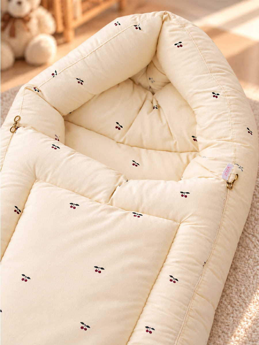 Ziva 3-in-1 Baby Bed – Carry Nest cum Sleeping Bag (Cherry Print, Cream | Organic Cotton Fabric)
