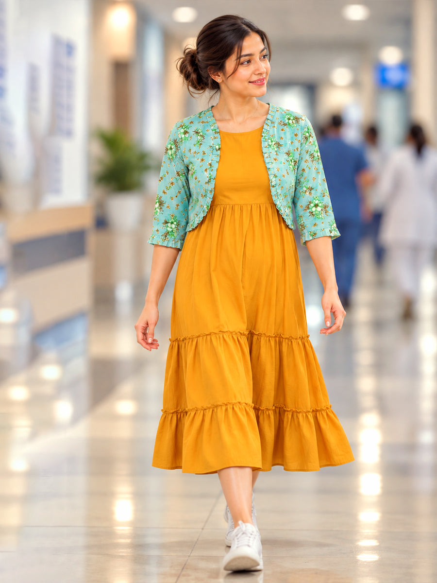 Ziva Maternity & Feeding Sleeveless Dress with Frill-Detail Floral Jacket | Dark Orange Yellow & Light Green Floral
