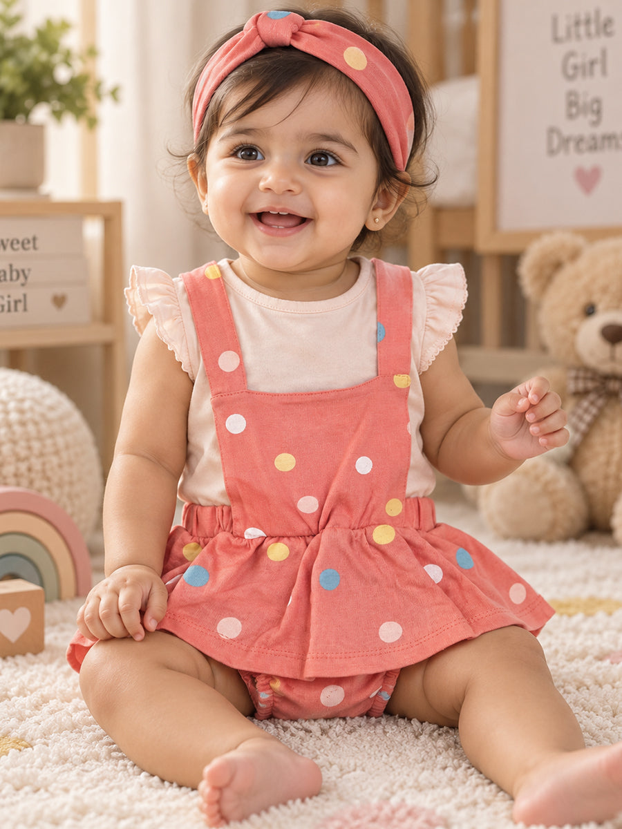 Baby Knitted Cotton Pinafore Romper Set – Coral Multicolour Polka Dot | Inner Top & Hairband | Newborn to 9–12 Months