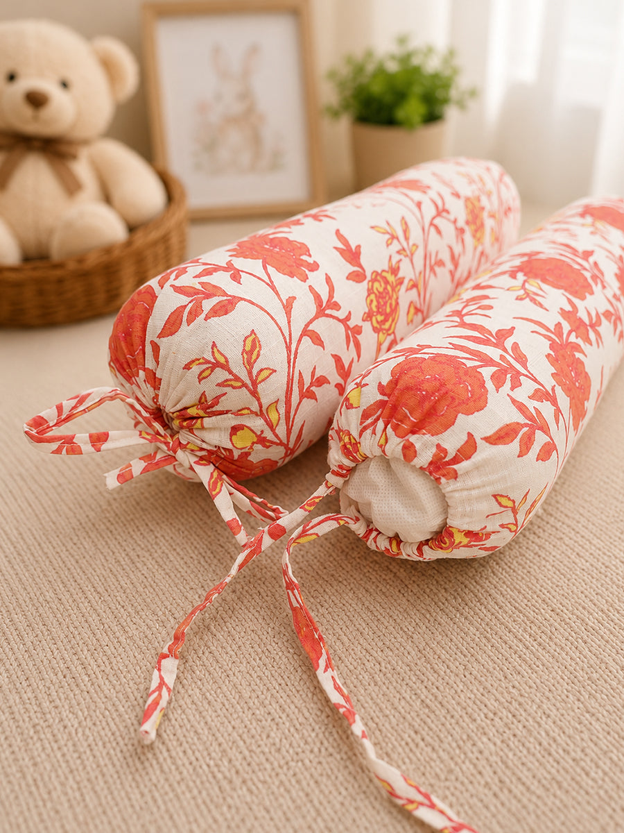 Ziva Baby Side Pillow (Bolster Pillow) | Multipurpose | Cotton Cover | Coral Botanical Bloom Print
