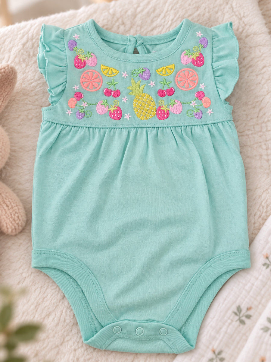 Baby Girls Knitted Cotton Fruit Embroidery Romper – Mint Green | Flutter Sleeves | Bottom Press-Button Opening |Ziva Collected | Carefully Selected for Your Little One