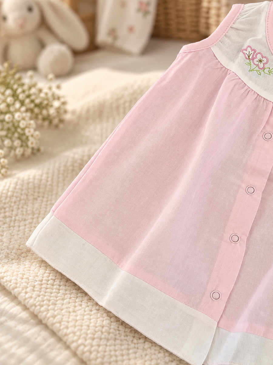 Baby Cotton Front Open Frock – Baby Pink & White | Floral Embroidered Yoke | Ziva Collected | Carefully Selected for Your Little One