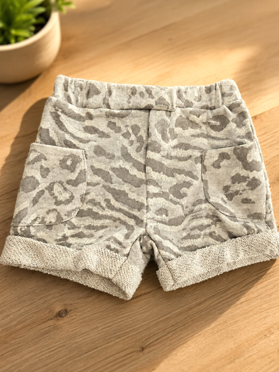 Ziva Premium Knitted Cotton Baby Co-Ord Set – Collar Neck Shirt & Elastic Waist Shorts | Dark Grey Abstract Animal Print