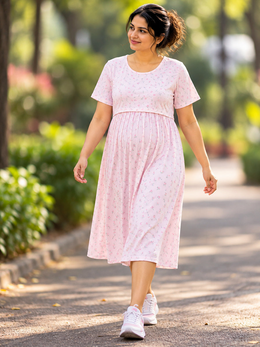Ziva Zipless Maternity & Feeding Knitted Dress with Adjustable Waist Tie & Side Pocket | Soft Baby Pink Tiny Floral Print