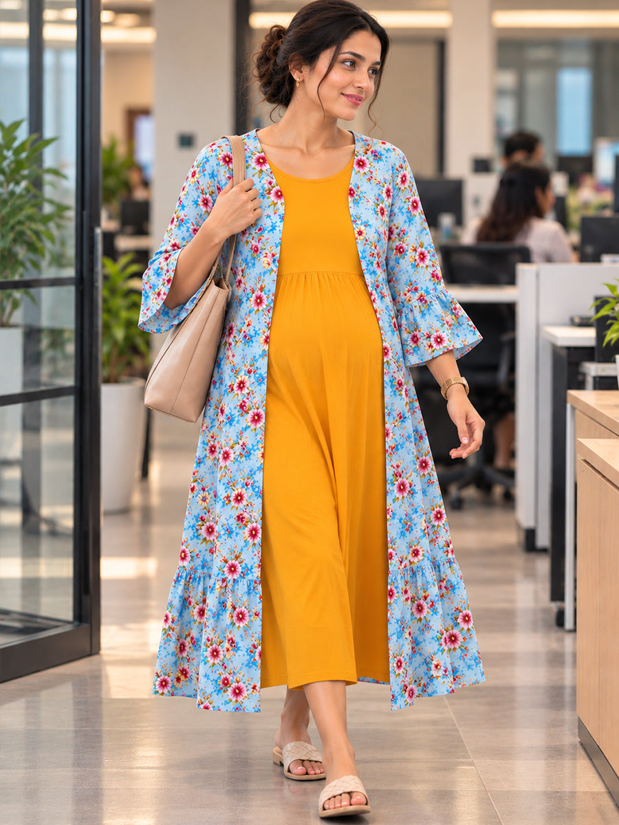 Ziva Premium Rayon Maternity & Feeding Dress with Sleeveless Inner & Floral Tie-Up Long Jacket with side pocket – Dark Orange Yellow & Light Aqua Blue Floral