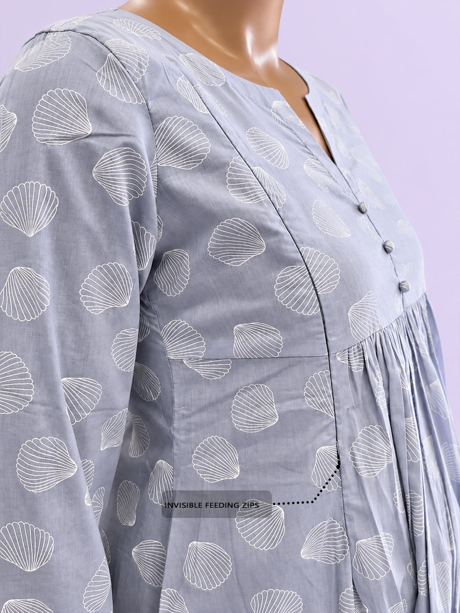 Ziva Maternity & Feeding Cotton Co-ord Set with Side Zips & Pockets – Pale Lavender Seashell Print