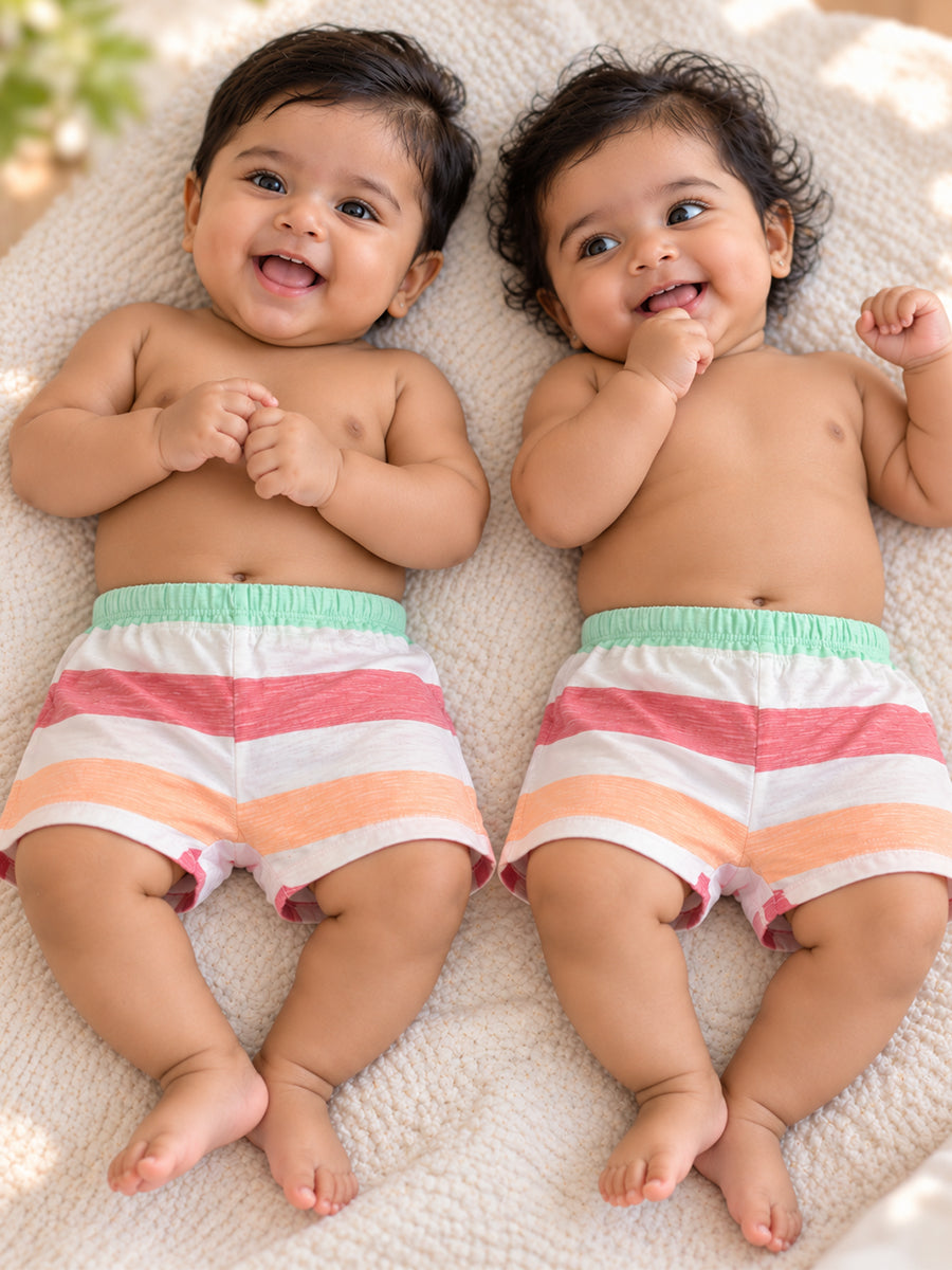 Ziva Baby Shorts Combo – Premium Knitted Cotton – Pack of 2 | Pastel Multicolour Stripe