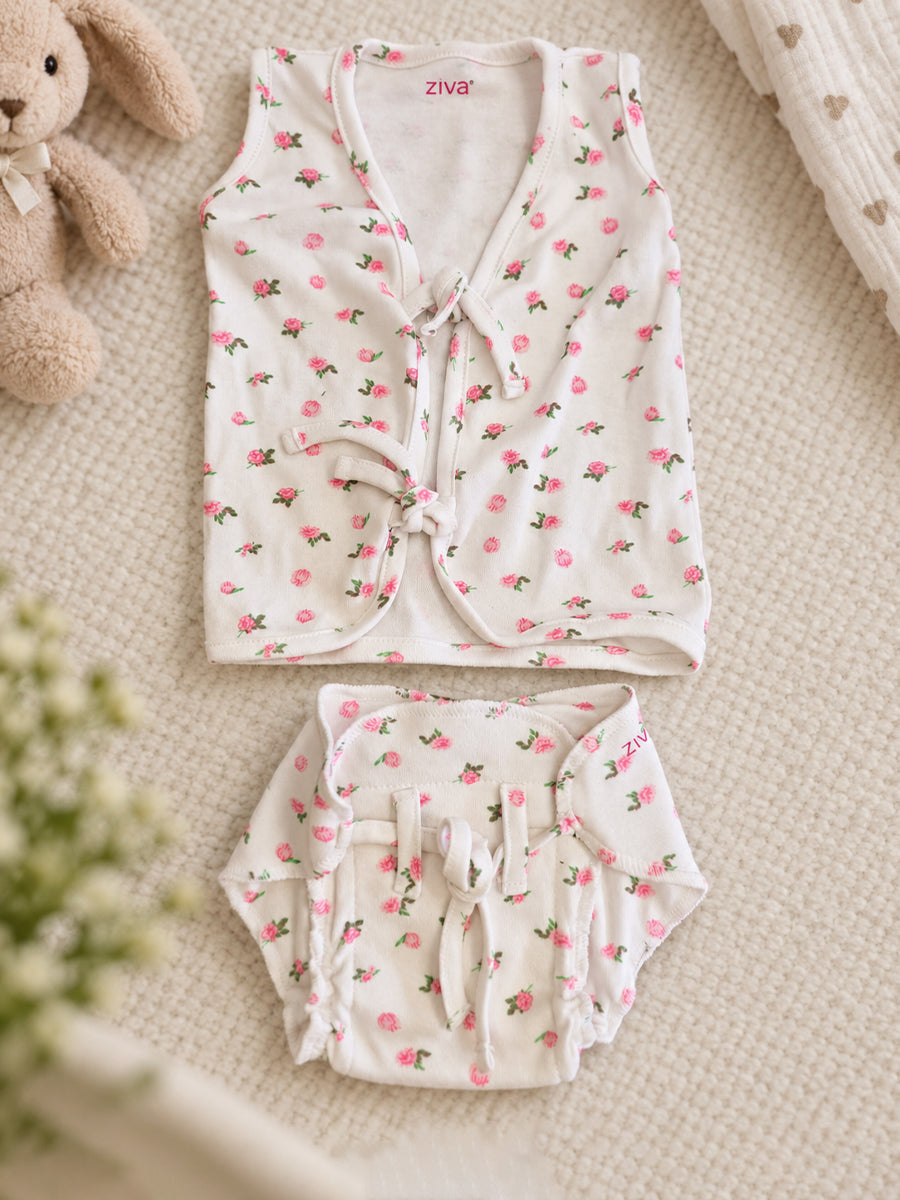 Ziva Newborn Cotton Front Open Tie Jabla with Tie Nappy – White Pink Rose Print